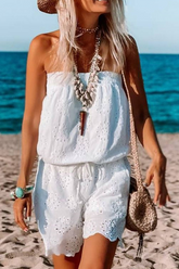 Casual Solid Lace Strapless Straight Rompers