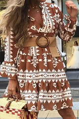 Fashion Print Patchwork Turndown Collar Cake Skirt Dresses