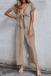 Casual Solid Patchwork V Neck Straight Jumpsuits