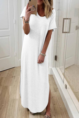 Casual Solid Split Joint V Neck Straight Dresses(3 colors)