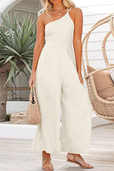 Fashion Solid Patchwork One Shoulder Straight Jumpsuits(8 Colors)