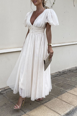 Fashion Solid Split Joint V Neck Mesh Dress Dresses