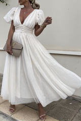 Fashion Solid Split Joint V Neck Mesh Dress Dresses