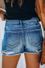 Casual Solid Ripped Mid Waist Skinny Denim Shorts