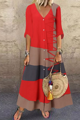 Fashion Patchwork Buttons V Neck Straight Dresses(4 Colors)