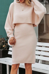 Casual Solid Patchwork O Neck Long Sleeve Two Pieces(3 colors)