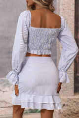 Fashion Color Block Fold U Neck Long Sleeve Two Pieces