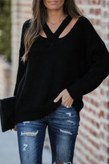 Casual Solid Hollowed Out Patchwork V Neck Sweaters(3 Colors)