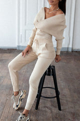 Solid Color V Neck Nine Points Sleeve Two Pieces(3 Colors)