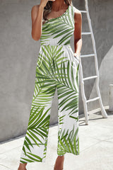 Casual Print Patchwork Pocket Oblique Collar Loose Jumpsuits