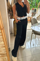 Casual Work Striped Buckle V Neck Sleeveless Two Pieces