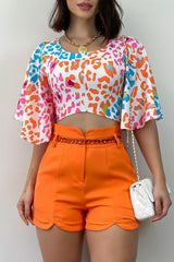 Casual Print Patchwork O Neck Half Sleeve Two Pieces