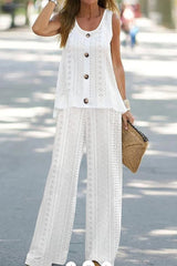 Casual Solid Hollowed Out V Neck Sleeveless Two Pieces(6 Colors)