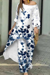 Casual Print Asymmetrical O Neck Three Quarter Two Pieces(6 Colors)