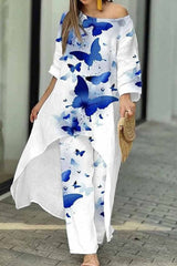 Casual Print Asymmetrical O Neck Three Quarter Two Pieces(6 Colors)
