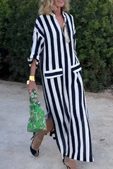 Casual Striped Pocket V Neck A Line Dresses