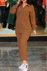 Casual Solid Patchwork Turndown Collar Long Sleeve Two Pieces
