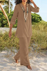 Casual Solid Slit V Neck Long Sleeve Two Pieces