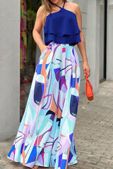 Casual Street Print Patchwork Halter Sleeveless Two Pieces