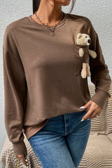 Casual Solid Pocket O Neck Tops