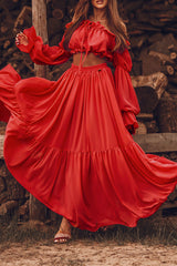 Sexy Vacation Solid Frenulum Off the Shoulder Long Sleeve Two Pieces