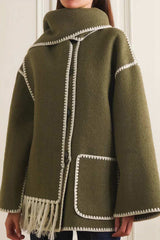 Casual British Style Solid Tassel Contrast Scarf Collar Outerwear(5 Colors)