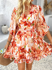 Flower Print Ruffle Trim Split-Joint Tied Waist Flared Sleeves Half Sleeves V-Neck Mini Dresses