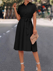 Buttoned Solid Color Tied Waist A-Line High Waisted Lapel Collar Shirt Dress Midi Dresses