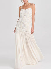 3D Flower Pleated Splicing Sleevless Spaghetti-Neck Elegant Maxi Dresses