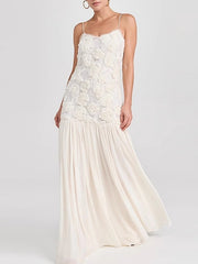 3D Flower Pleated Splicing Sleevless Spaghetti-Neck Elegant Maxi Dresses