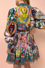 Bohemian Vintage Print Bandage Buckle Mandarin Collar Pleated Dresses