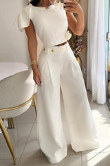 Celebrities Elegant Solid Buttons O Neck Short Sleeve Two Pieces