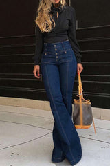 Casual Solid Patchwork Buttons High Waist Skinny Denim Jeans