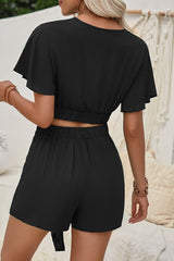 Sexy Solid Frenulum V Neck Short Sleeve Two Pieces