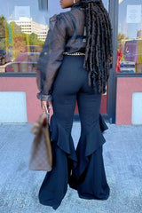 Casual Solid Frenulum See-through With Bow Long Sleeve Two Pieces