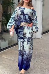 Street Elegant Print Pocket Oblique Collar Long Sleeve Two Pieces