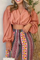 Casual Print Backless Off the Shoulder Long Sleeve Two Pieces