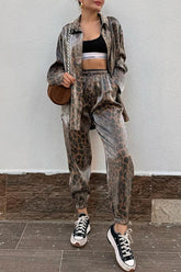 Casual Vintage Print Leopard Frenulum Turndown Collar Long Sleeve Two Pieces