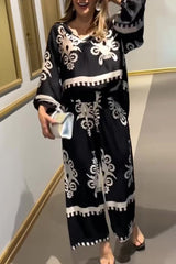 Casual Vintage Print Pocket Asymmetrical V Neck Long Sleeve Two Pieces