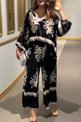 Casual Vintage Print Pocket Asymmetrical V Neck Long Sleeve Two Pieces