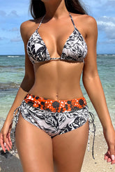 Sexy Print Patchwork Draw String Frenulum Backless Swimwears (With Paddings)
