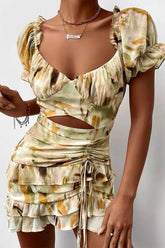 Sexy Floral Draw String Flounce V Neck Irregular Dresses