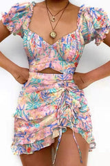 Sexy Floral Draw String Flounce V Neck Irregular Dresses