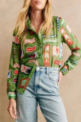 Casual Print Graffiti Turndown Collar Tops