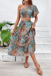 Casual Vintage Geometric Print Patchwork Oblique Collar Short Sleeve Two Pieces