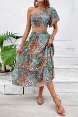 Casual Vintage Geometric Print Patchwork Oblique Collar Short Sleeve Two Pieces