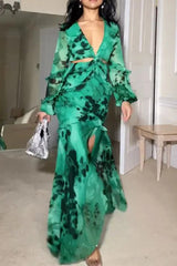 Sexy Vintage Print Tie Dye Flounce Slit V Neck Printed Dresses
