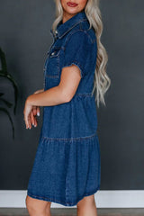 Casual Solid Pocket Buckle Turndown Collar Short Sleeve Loose Denim Dresses