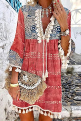 Casual Vintage Print Tassel V Neck A Line Dresses
