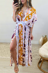 Bohemian Vacation Geometric Print Flounce V Neck Beach Dresses